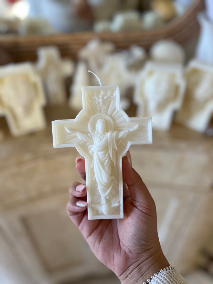 Easter Cross Candle, Jesus Resurrection Wax Candle, Christian Religious Decor, Catholic Gift for Home or Church CDLAF03